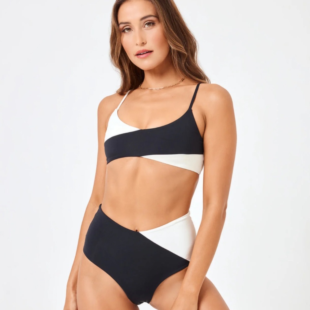 Color Block High Tide Bikini Top - Black-Cream
